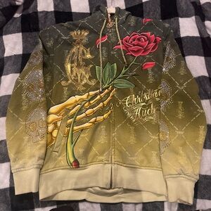Christian Audigier Olive and Gold Skeleton Rose Hoodie